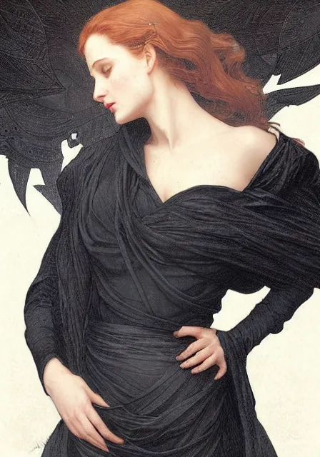 Image similar to sansa angeline jolie gessica chastain in black, intricate, elegant, highly detailed, digital painting, artstation, concept art, smooth, sharp focus, illustration, art by artgerm and greg rutkowski and alphonse mucha and william - adolphe bouguereau