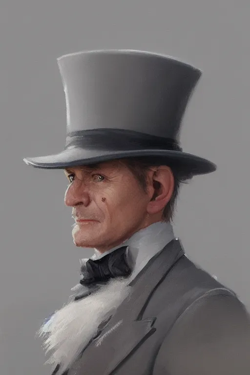 Prompt: a halfling grey hair with stubble top hat and suit by Greg Rutkowski, painting, portrait, D&D, trending on artstation