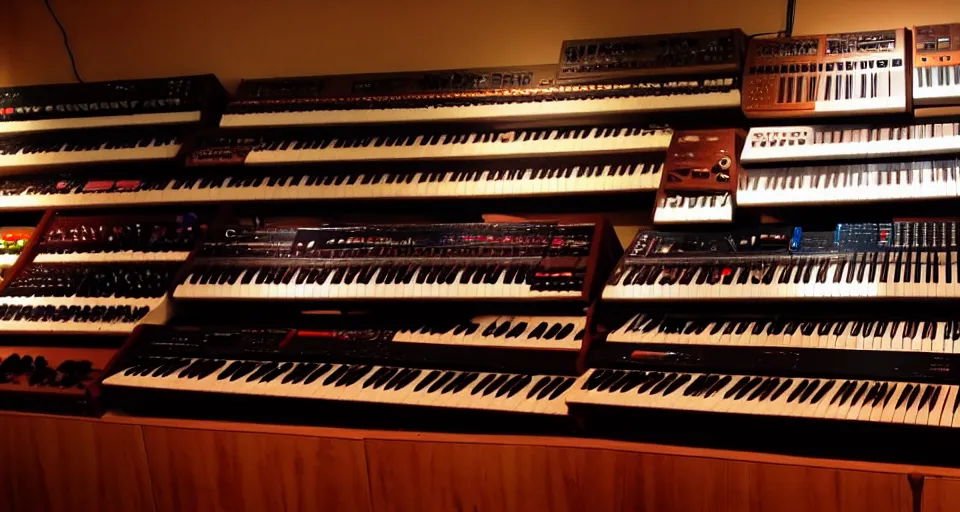 Prompt: a shelf of amazing synthesizers, cinematic lighting, detailed, beautiful colors, by greg rutowski and studio ghibli