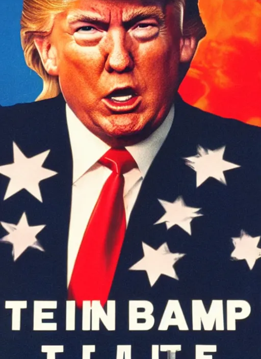 Image similar to an 8 0's john alvin action movie poster of donald trump starring in dumpster fire. explosions.