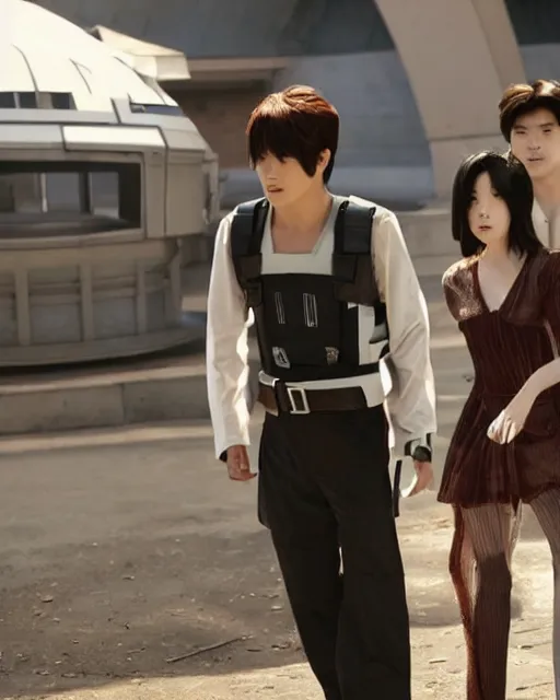 Prompt: remake of logan's run starring a cast of teenaged korean actors and actresses dressed in futuristic traditional korean clothes, futuristic, dome city, robots, monorails, sandman police, renewal