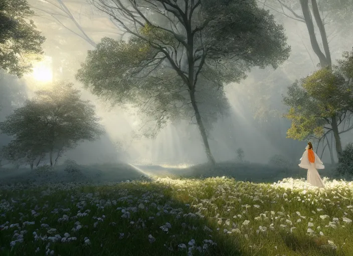 Image similar to a woman dressed in a white dress, seen from behind, in a magical forest, painted by, mc escher, gordon onslow ford, georgia o'keeffe and ivan aivazovsky, cinematic light, god rays, colourful, unreal engine, zbrush central,