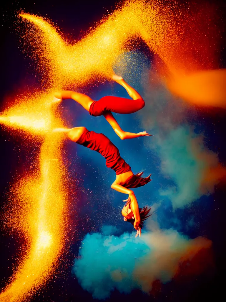 Prompt: a perfect colorised portrait photograph of a backflip woman, erupting in every direction, jets of glowing effluent and metallic chunks.