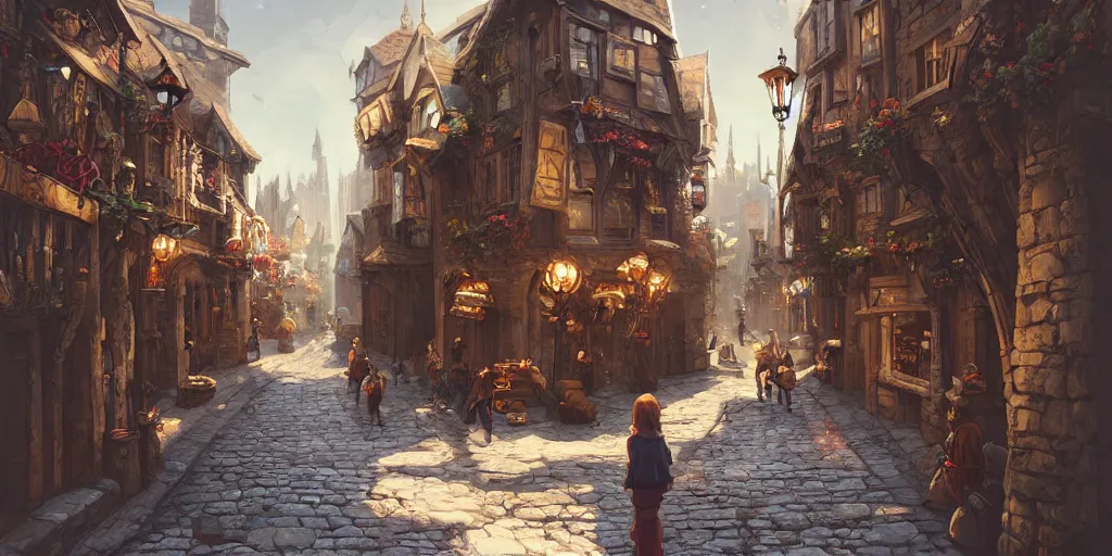 Image similar to a busy fantasy street within a fascinating old city, quirky shops, narrow streets, old buildings, cobblestones, stone steps, street life, by Sylvain Sarrailh, cinematic, simple but effective composition, clean lines, beautiful digital painting, oil painting, detailed, dungeons and dragons, lord of the rings