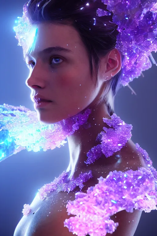 Prompt: a beautiful girl from whose body mineral crystals grow, biopunk, in full growth, magical crystals, smoky crystals, translucent crystals, luminous sparkling crystals, many details, 3 d, cinematic, hyper realism, high detail, octane render