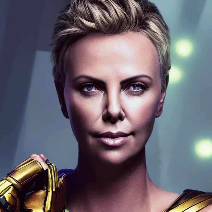 Prompt: portrait of ((Charlize Theron)), wearing The Infinity GAUNTLET. THANOS SNAP. intricate artwork. octane render, trending on artstation, very coherent symmetrical artwork. avengers. thanos. cinematic, hyper realism, high detail, octane render, 8k, iridescent accents
