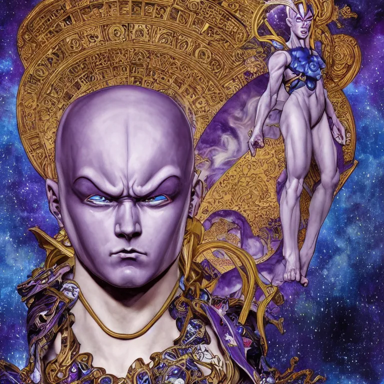 Image similar to portrait of Frieza made with porcelain by Jeff Easley and Peter Elson + beautiful eyes, beautiful face + symmetry face + border and embellishments inspiried by alphonse mucha, fractals in the background, galaxy + baroque, gothic, surreal + highly detailed, intricate complexity, epic composition, magical atmosphere + masterpiece, award winning + trending on artstation