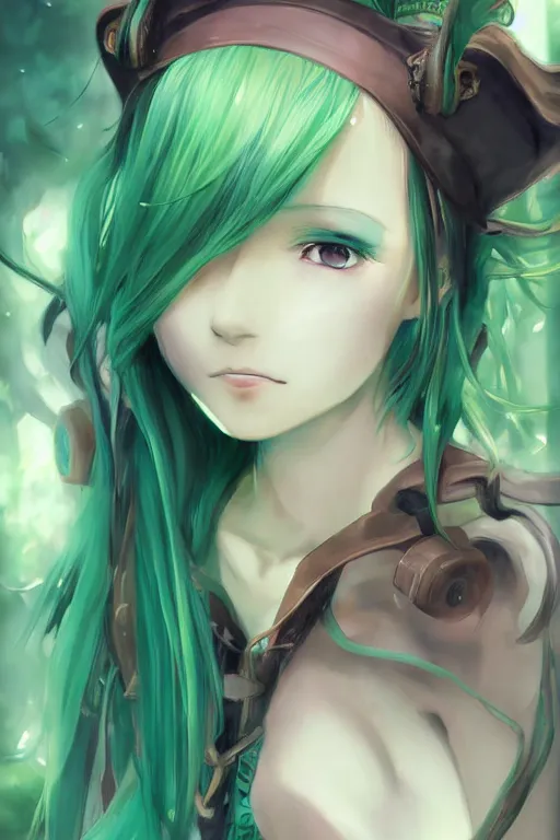 Prompt: anime girl with green hair wearing a corset, anime style, fantasy art, gorgeous face, digital drawing, by makoto shinkai, by wenjun lin