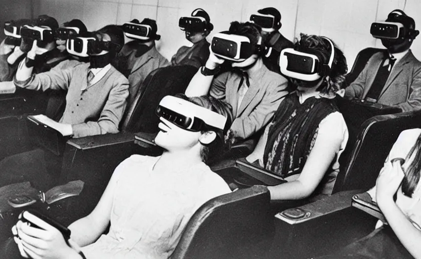 Image similar to 1 9 0 0 s photo of people using iphones ipods virtual reality headsets vr in a movie theater masterpiece