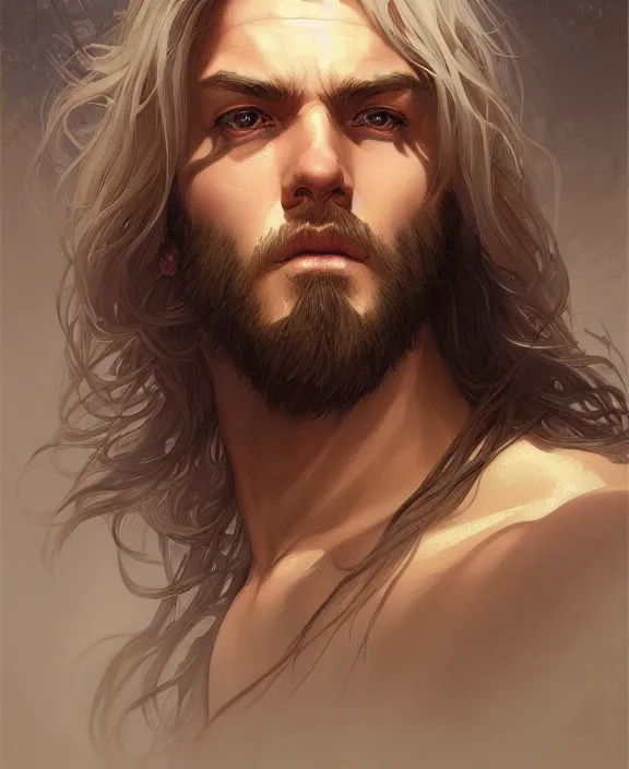 Image similar to portrait close up of guy, concentrated look, symmetry, long hair. d & d, fantasy, intricate, elegant, highly detailed, digital painting, artstation, concept art, art by artgerm and greg rutkowski and alphonse mucha, boris vallejo