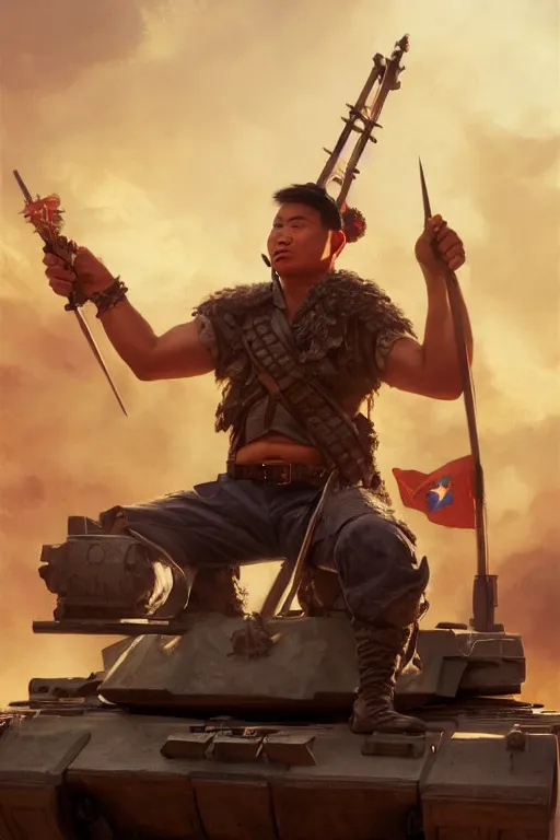 Image similar to a filipino man sitting on a tank holding a scepter and eating popcorn, highly detailed, d & d, fantasy digital painting, trending on artstation, concept art, sharp focus, illustration, global illumination, ray tracing, realistic shaded, art by artgerm and greg rutkowski and fuji choko and viktoria gavrilenko and hoang lap