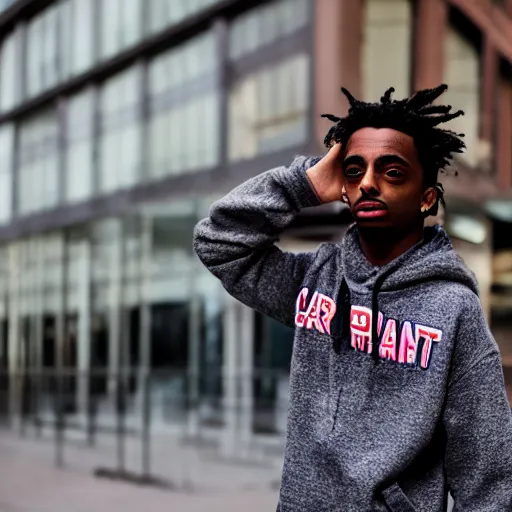 Image similar to portrait of midget playboi carti walking on a sidewalk, sharp focus, 4 k editorial photograph, soft lighting