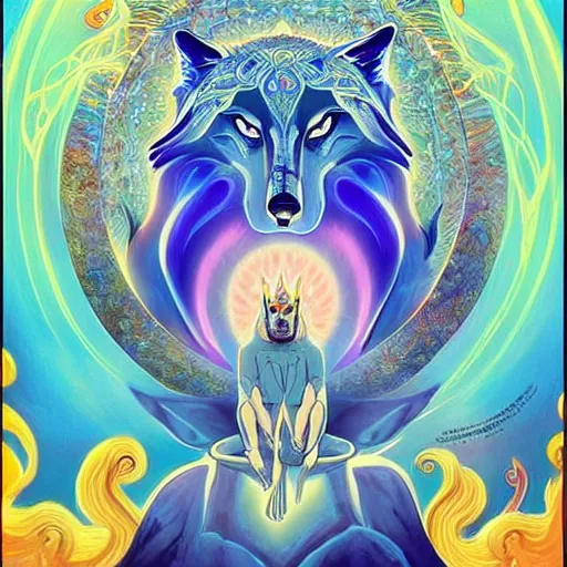 Image similar to enlightened royal wolf MICHAEL DIVINE and by AMANDA SAGE , trending on artstation, cartoon, adventure time style