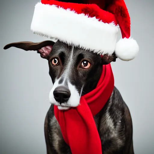 Prompt: a dog wearing a santa hat and scarf, a stock photo by Elke Vogelsang, shutterstock contest winner, dada, stock photo, stockphoto, photoillustration