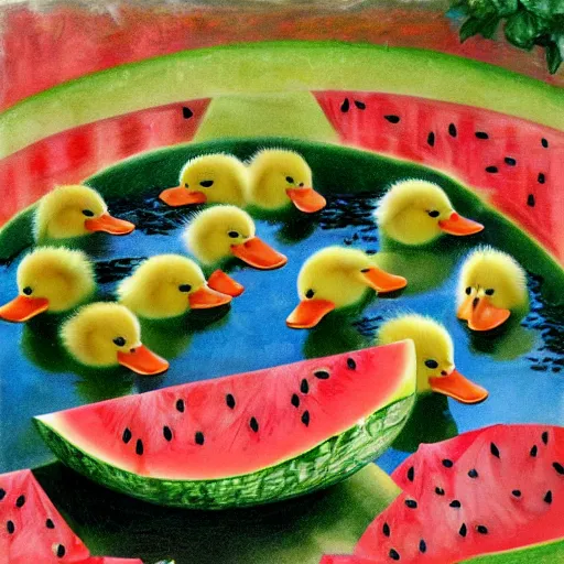 Image similar to ducklings in a watermelon pool