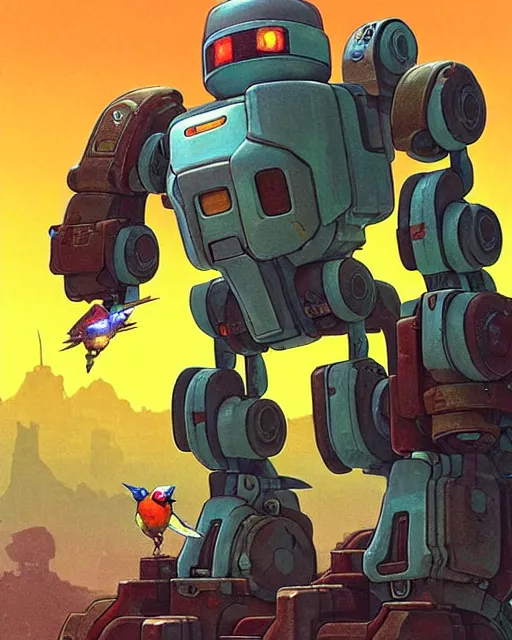 Image similar to bastion the friendly robot from overwatch, with his pet bird, character portrait, portrait, close up, concept art, intricate details, highly detailed, vintage sci - fi poster, retro future, in the style of chris foss, rodger dean, moebius, michael whelan, katsuhiro otomo, and gustave dore