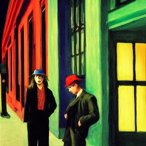 Prompt: night color flash portrait photography of punks on the lower east side by edward hopper, colorful!!, nighttime!, raining!