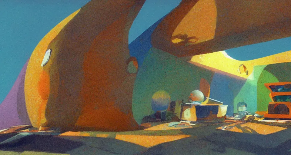 Image similar to seashell house, still life, concept art by bill sienkiwicz and john harris, triadic color scheme