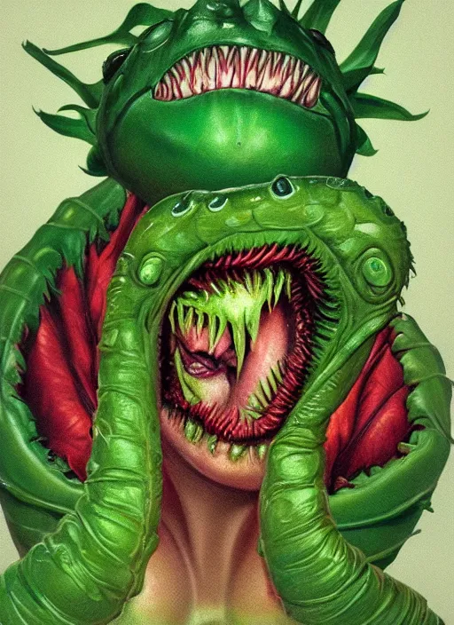 Image similar to portrait of Audrey II from Little Shop of Horrors (1986) in Society (1989), highly detailed, centered, solid color background, digital painting, artstation, concept art, smooth, sharp focus, illustration, artgerm, donato giancola, Joseph Christian Leyendecker, Les Edwards, Ed Repka, WLOP, Artgerm