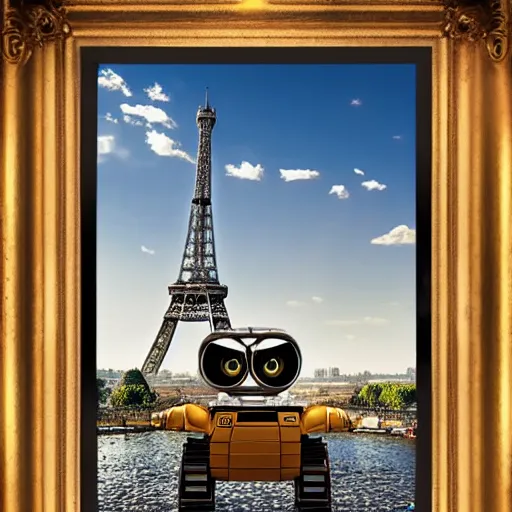 Prompt: wall - e visiting the eiffel tower, realism, 4 k, rim lighting,