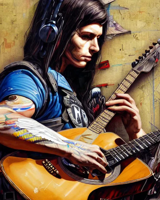 Image similar to a portrait of an anthropomorphic cyberpunk eagle strumming an acoustic guitar by sandra chevrier, by jon foster, detailed render, tape deck, epic composition, cybernetics, 4 k realistic, cryengine, realistic shaded lighting, sharp focus, masterpiece, by enki bilal