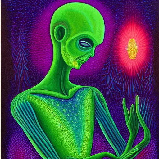 Prompt: painting of a tranquil alien made of light and glows meditating in dense forest by alex grey, acrylic art, ethereal, soothing, somber, elegant, warm light, cozy