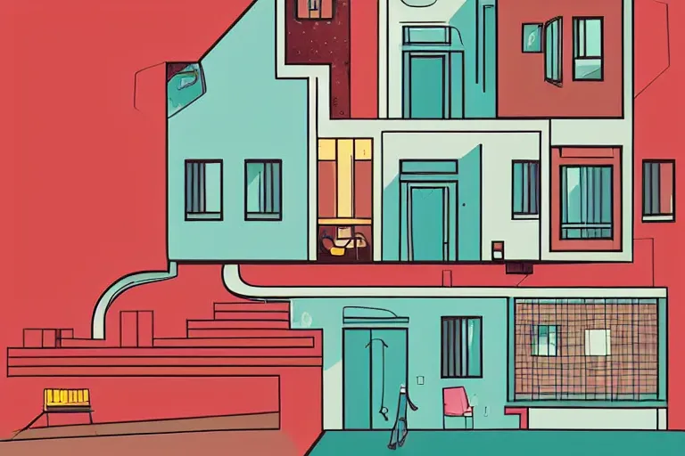 Prompt: a beautiful flat 2 dimensional illustration of a cross section of a house, view from the side, a storybook illustration by muti, colorful, minimalism, featured on dribble, behance hd, dynamic composition
