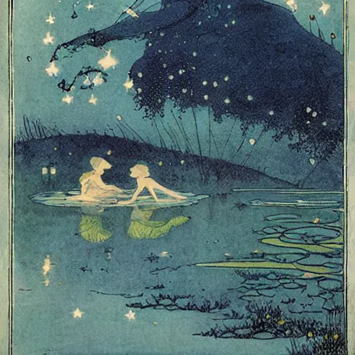 Prompt: a fairy bathing in the lake under the starry sky, magical atmosphere, by edmund dulac