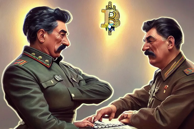 Image similar to angry realistic josef stalin trading bitcoin in front of computer trading bitcoin, portrait, highly detailed, hyperrealistic, digital painting, artstation, concept art, smooth, sharp focus, illustration, cinematic lighting, art by artgerm and greg rutkowski and alphonse mucha