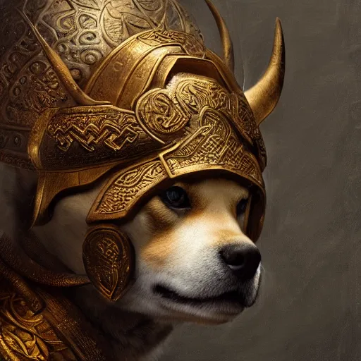 Image similar to detailed photorealistic painting of shiba inu wearing a highly detailed ornamented bronze viking helmet with two horns on head, sharp focus in the style of ruan jia, Mandy jurgens, cinematic light, concept art, trending on artstation, ultra realistic