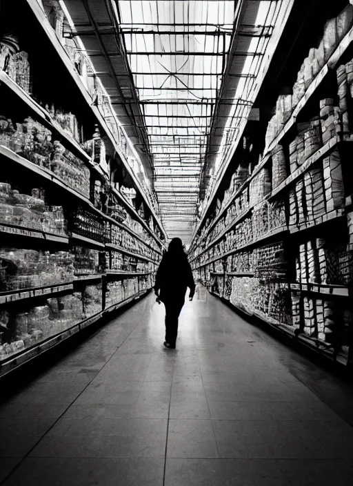 Prompt: being hunted by a monster in a labyrinth of market store aisles. liminal. dramatic lighting