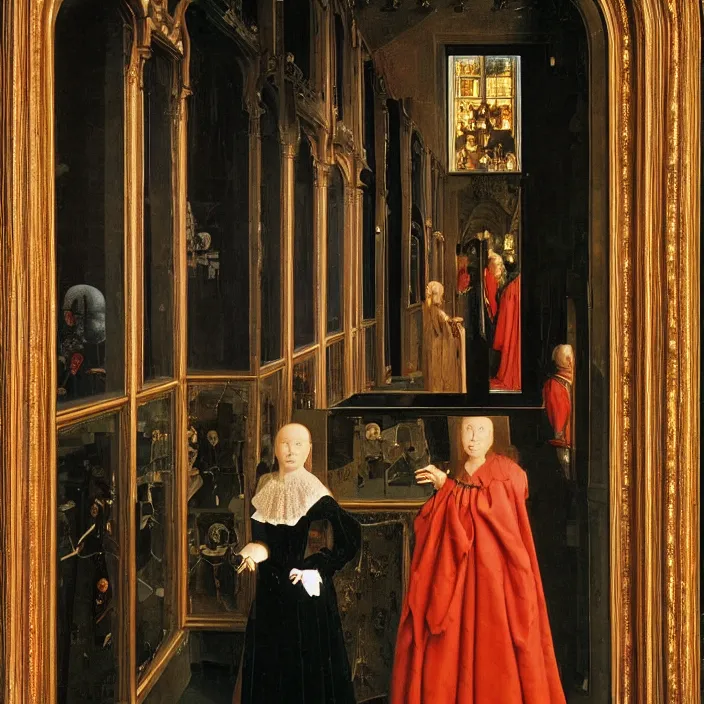 Prompt: a beautiful woman in a hall of mirrors, by Jan van Eyck