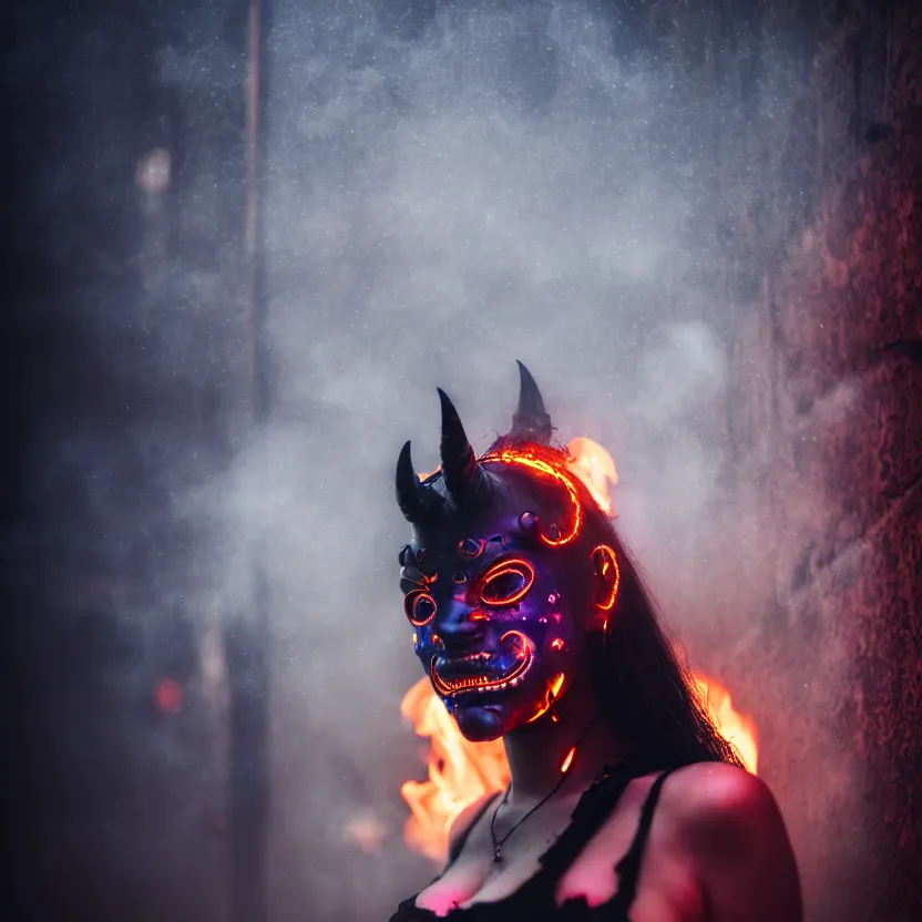 Image similar to a photo close up cyberpunk woman, wearing demon mask, fire dance in cyberpunk dirty alley, smoke mist rain, cyberpunk gunma prefecture, midnight, photorealistic, cinematic color, studio lighting, highly detailed, bokeh, style by tomino - sama