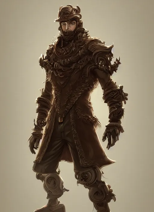 Prompt: a highly detailed illustration of thick wavy brown haired young white guy wearing brown coat and wearing face mask with many mechanical arms on his back, dramatic hands in pocket standing pose, intricate, elegant, highly detailed, centered, digital painting, artstation, concept art, smooth, sharp focus, league of legends concept art, WLOP