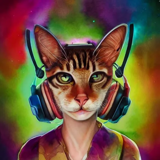 Image similar to beautiful detailed watercolor artwork of an anthropomorphic female cat wearing rgb gamer headset, super detailed, portrait, trending on artstation, deviantart, pixiv, made by jay naylor, dan mumford