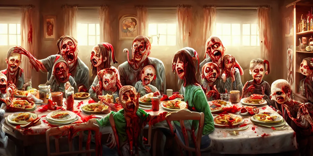 Image similar to a zombie family christmas diner, wide angle, super highly detailed, professional digital painting, artstation, concept art, smooth, sharp focus, no blur, no dof, extreme illustration, unreal engine 5, photorealism, hd quality, 8 k resolution, cinema 4 d, 3 d, beautiful, cinematic, art by stanley lau and artgerm