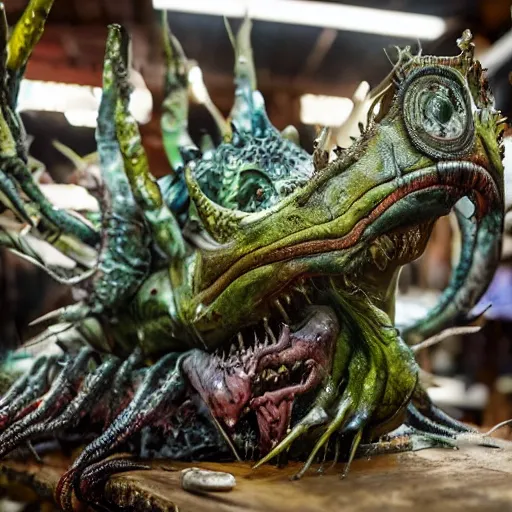 Image similar to photo taken of an epic intricate, ultra detailed, super realistic gritty, hero prop, exquisitely painted animatronic movie prop of a grotesque wet, slimy nightmarish hellish alien creature displayed in the workshop, created by weta workshop, full body shot, photorealistic, sharp focus