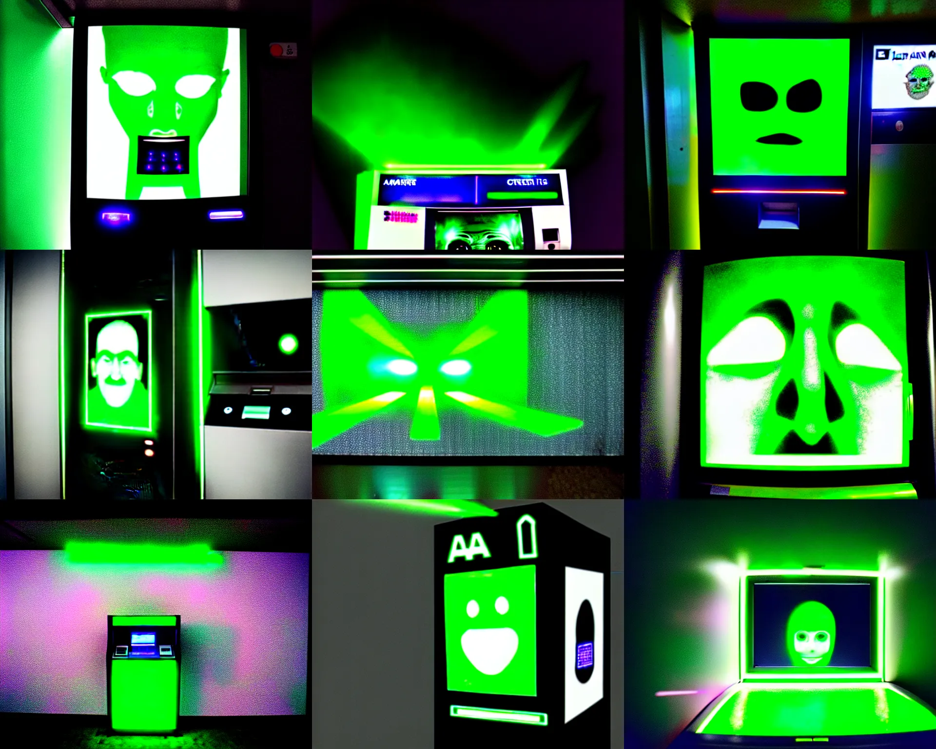 Prompt: photo of an atm screen with a face and many green laser beams shooting out in all directions from the atm screen, medium shot, in the style of juergen teller