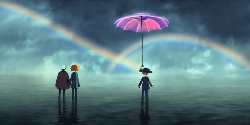 Image similar to a realistic and atmospheric cell - shaded concept art from howl's moving castle ( 2 0 0 4 ) of a rainbow colored ufo in the air. a man with an umbrella is standing in a flooded parking lot. it is a misty starry night. very dull muted colors, hd, 4 k, hq