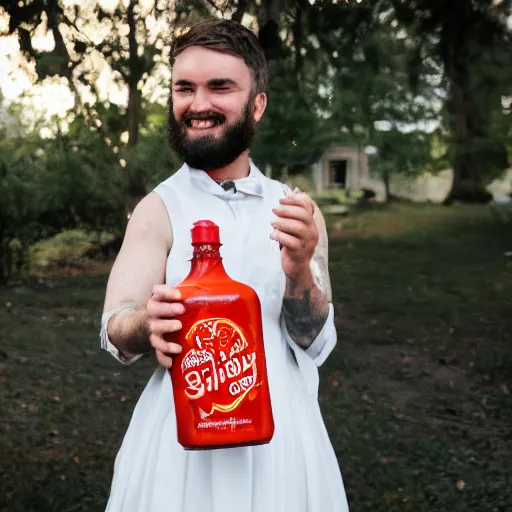 Image similar to man with short beard grinning sinisterly in a wedding dress holding a bottle of sriracha