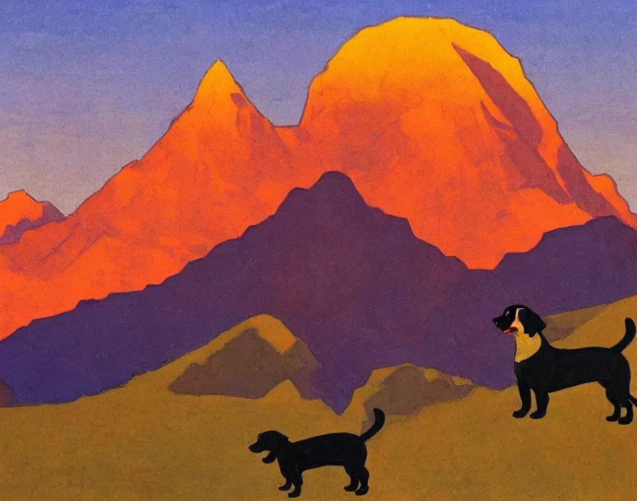 Image similar to Himalayan Dachshund, with Himalaya in the background, sunset, painting by Nicholas Roerich