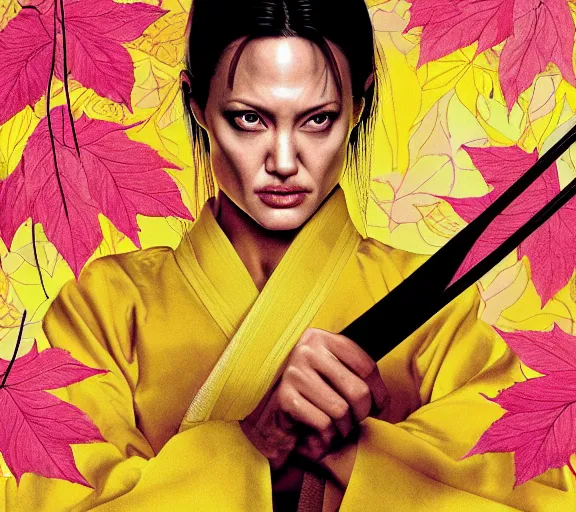 Image similar to breathtaking detailed pattern pastel colors, action scene from kill bill, with angelina jolie ( kill bill ) in yellow kimono, swinging katana sword and autumn leaves, fuji, by hsiao - ron cheng, exquisite detail, enhanced eye detail