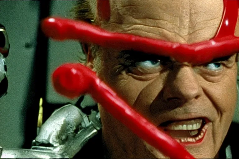 Prompt: Jack Nicholson plays Pikachu Terminator, action scene where his endoskeleton gets exposed and his eye glows red, still from the film
