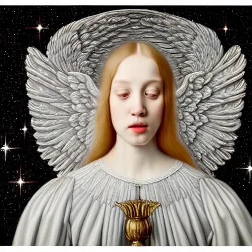 Prompt: highdetailed hyperrealistic painting of white angel!!! no gender smiling noface!!!, light instead of hands, white sparkles everywhere, 4 k hd face!!!, big silver high detailed wings!!!, renaissance, by jan van eyck, holography space, glow effect, large strokes, monochrome!!!!!