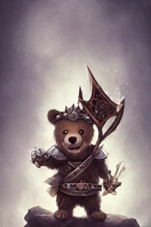 Image similar to cute little anthropomorphic bear knight wearing a cape and a crown, tiny, small, miniature bear, baby animal, short, pale blue armor, cute and adorable, pretty, beautiful, DnD character art portrait, matte fantasy painting, DeviantArt Artstation, by Jason Felix by Steve Argyle by Tyler Jacobson by Peter Mohrbacher, cinematic lighting