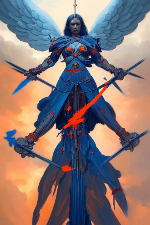 Prompt: highly detailed and complex angel of war, with spears and blood, blue and orange color scheme, by peter mohrbacher and greg rutkowski