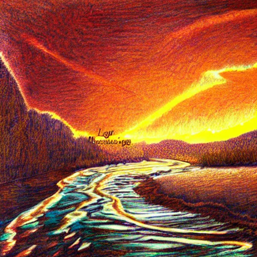 Prompt: a river runs here, a fiery river, from east to west, from west to north. over that river the fiery river drives the light. light transports souls. esoteric art, 2 k, 4 k, pen and pencil