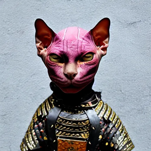 Prompt: samurai armor worn by hairless sphynx cat