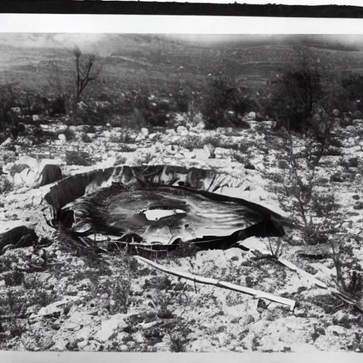 Image similar to tintype, wide view, thundra ufo crash site, team of scientists studying captured alien beings
