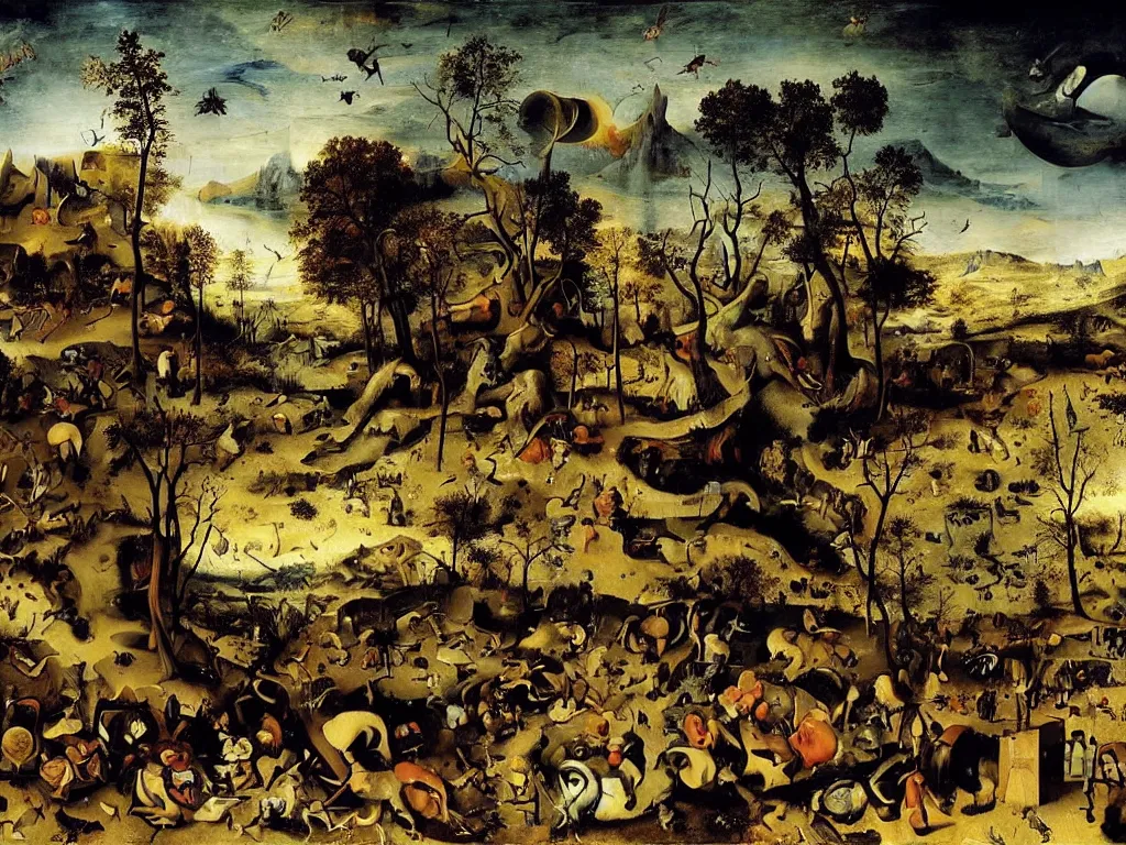 Image similar to Apocalypse by fractals in the shadowy land. Painting by Bruegel